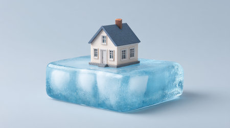 A model house sits frozen in an ice block, encapsulating the perception of a cold economic climate and its impact on the housing market. This surreal image evokes thought.の素材