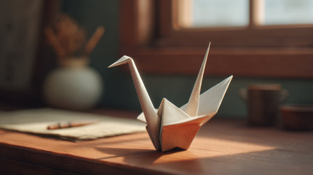 A beautifully crafted origami crane sits on a wooden tabletop in a serene study space. Soft light filters through a window, creating an inviting atmosphere ideal for creativity.の素材