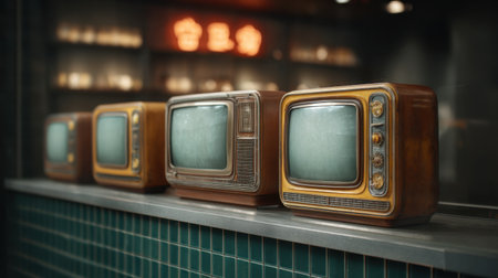 A charming display of four retro TV sets lined up behind glass, capturing the essence of nostalgia and vintage aesthetics in a warm, inviting atmosphere.の素材