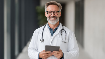 A smiling healthcare professional holds a tablet showing health metrics, embodying a modern approach to patient care and engagement in a professional medical setting.の素材