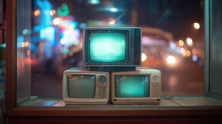 Explore a nostalgic scene featuring vintage CRT televisions arranged in an antique store window, reflecting vibrant city lights and creating a retro urban ambiance.の素材