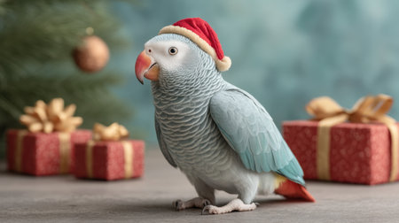 A charming parrot with a red Santa hat sits beside brightly wrapped gifts, creating a whimsical holiday scene that captures the spirit of the festive season.の素材