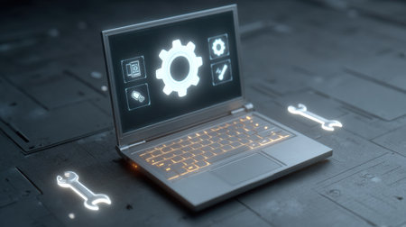 Explore a futuristic repair scene featuring a laptop screen displaying holographic tools and gears. This high-tech environment is perfect for conveying innovation.の素材