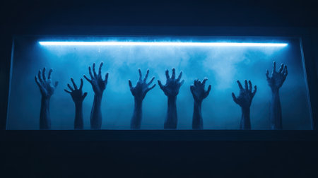 An eerie scene featuring undead hands pressing against a glass window, illuminated by blue light, evoking feelings of fear and intrigue in a dark atmosphere.の素材