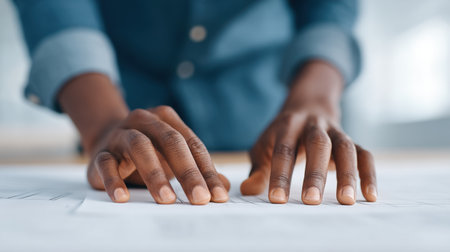 Close-up of professional hands engaging with strategic documents on a table in a modern office, illustrating organization and focused planning in a collaborative workspace.の素材