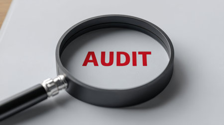 A magnifying glass highlights the word "audit" on a document, symbolizing the importance of inspection and control in business processes and management.の素材