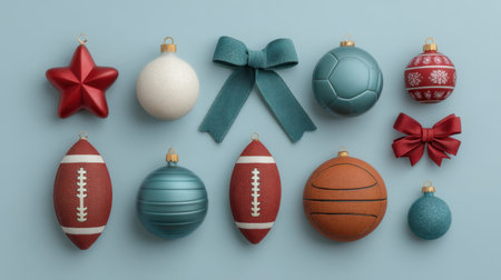A vibrant flat lay image featuring a collection of sports-themed ornaments, ribbons, and decorations, perfect for celebrating festive occasions with a playful twist.の素材