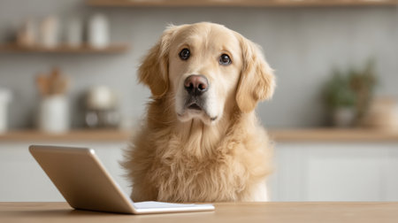 A charming dog sits at a kitchen table, gazing with curiosity at a tablet, creating a delightful scene in a modern home. Perfect for pet lovers and home decor themes.の素材