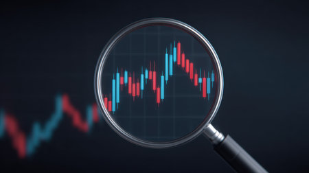 Explore a close-up view of a fluctuating stock chart through a magnifying glass, showcasing market trends in blue and red, perfect for financial analysis and presentations.の素材