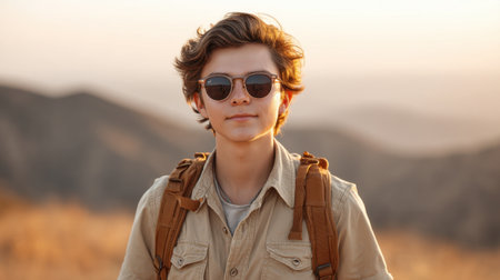 A young man with sunglasses standing on a picturesque hiking trail, showcasing confidence and adventure amidst stunning mountain scenery under the bright sun.の素材