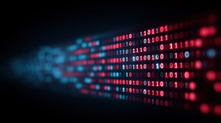 Engaging abstract image depicting vibrant binary data flow on screen, illustrating the dynamic nature of digital information and cyber technology interactions.の素材