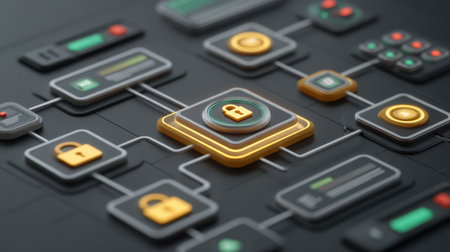 Explore a sleek control panel featuring glowing data protection icons that enhance digital security in modern technology systems, ideal for illustrating secure interfaces.の素材