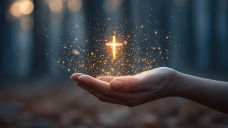 A serene moment capturing a cross gently hovering over an open hand amidst a tranquil forest at sunset, surrounded by enchanting sparkles of light, symbolizing hope.の素材
