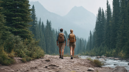 A couple walks hand in hand along a serene forest trail, engaging in a light conversation while surrounded by enchanting nature and breathtaking views of the mountains.の素材