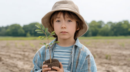 A young child stands in a sunny field, holding a small tree seedling with care, embodying the essence of environmental stewardship and love for nature.の素材
