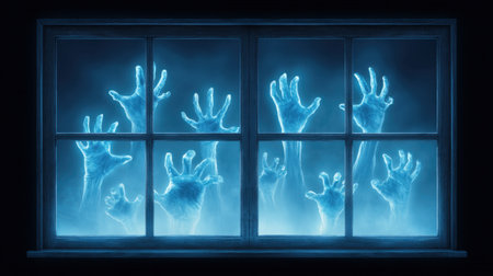 This chilling image captures eerie glowing zombie hands reaching through a dark window, creating a spine-tingling atmosphere perfect for horror enthusiasts.の素材