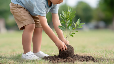 A young child plants a sapling in a sunny outdoor setting, demonstrating care and environmental responsibility in a vibrant green landscape. Perfect for themes of growth.の素材