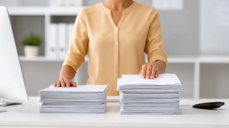 A woman skillfully organizes papers into neat stacks on her desk, showcasing efficient office work and a tidy workspace for enhanced productivity and focus.の素材