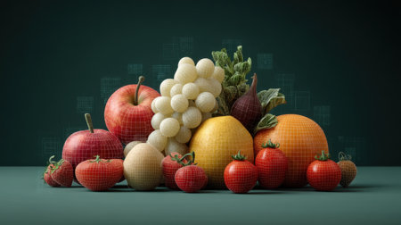 A stunning blend of fresh fruits and vegetables with a modern technological touch, showcasing healthy food options in a creative and appealing arrangement.の素材