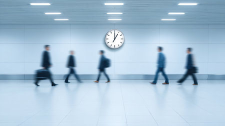 A dynamic scene captures semi-transparent figures in motion within a bright terminal. A wall clock signifies the relentless passage of time amidst the bustling atmosphere.の素材