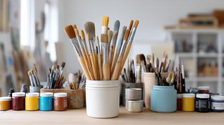 Bright artistic workspace featuring an array of brushes and paints arranged neatly, inspiring creativity and artistic expression in a colorful studio environment.の素材