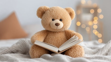 A cozy teddy bear sits immersed in a book on a soft bedspread, surrounded by warm bokeh lights, creating an inviting and relaxing atmosphere perfect for comfort.の素材