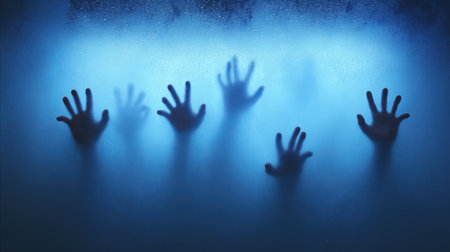 Discover an atmospheric image featuring eerie silhouettes of zombie hands scratching against fogged glass, creating a haunting visual effect perfect for horror themes.の素材