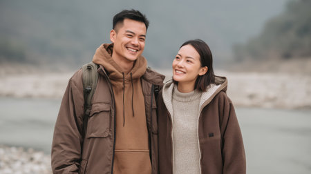 A joyful couple enjoying a hiking adventure by a serene river in the mountains, sharing happy moments and deep conversations in nature's beauty.の素材