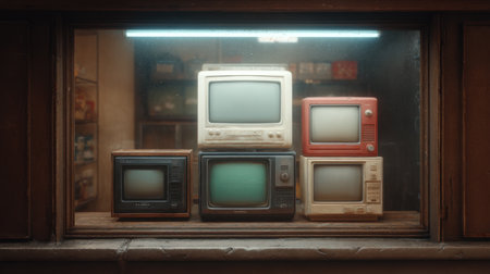 This image showcases a nostalgic collection of classic tube TVs arranged in a dusty store window, highlighting the charm of vintage technology and evoking cherished memories.の素材