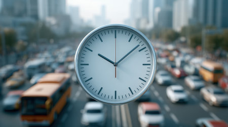 A creative conceptual image of a clock superimposed over a busy urban transit scene, capturing the essence of time amidst the dynamic flow of city traffic and skyscrapers.の素材