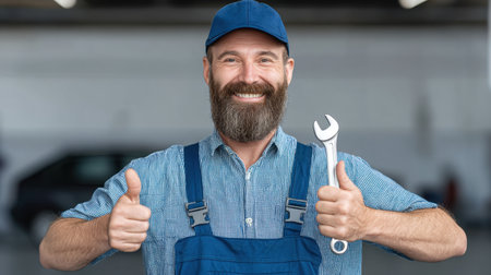 A smiling technician in blue overalls holds a spanner in one hand while giving a thumbs-up with the other. The image conveys approval and professionalism in a garage.の素材