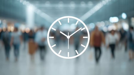 A blurred background showcasing commuters in transit with an overlay of a clock symbol. This image represents the hustle and bustle of modern travel environments.の素材