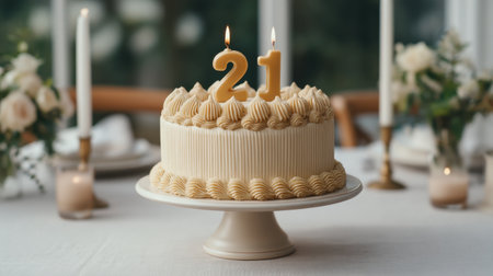 A beautifully crafted 21st birthday cake featuring numbered candles and decorative frosting, perfect for celebrations with friends and family on a festive table.の素材