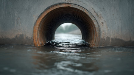 This image captures an aerial view of wastewater moving through a concrete sewer pipe, showcasing the water's surface and urban infrastructure in an industrial landscape.の素材