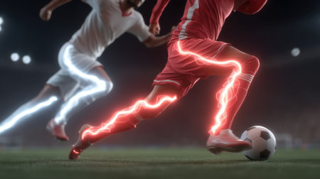 Experience the high-energy vibe of a soccer match, with players in motion enhanced by glowing trails, showcasing speed and skill in a dynamic sports setting.の素材