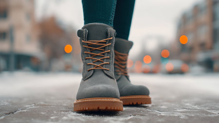 Capture the essence of winter with stylish boots on a snowy city street. This image showcases urban life, blending fashion and seasonal beauty amidst a chilly atmosphere.の素材