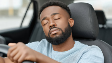 A young man leans back in a car seat with his eyes half closed, resting his hands on the steering wheel. The moment captures relaxation and calm amidst driving.の素材