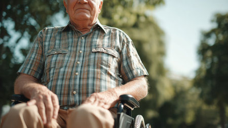 An elderly man in a wheelchair sits outdoors, smiling warmly as he enjoys the sunshine. This image captures a moment of relaxation and happiness in nature.の素材