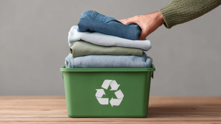 A hand is placing mixed clothing fabrics, including denim and light colors, into a green recycling bin symbolizing eco-friendly practices on a wooden table.の素材