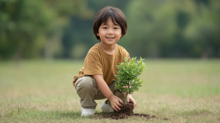 A young boy enthusiastically engages in tree planting, showcasing the joy of nurturing nature in a beautiful green meadow. Perfect for themes of sustainability and childhood joy.の素材