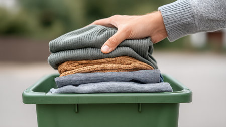 A hand places a neatly stacked pile of clothes into a green bin, emphasizing the importance of recycling and donating textiles for a cleaner, sustainable environment.の素材