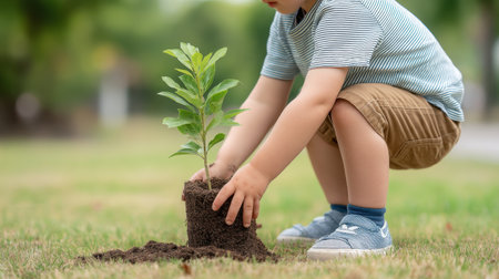 A heartwarming scene of a young child gently planting a sapling in vibrant grass on a sunny day. This image captures the essence of nurturing nature and fostering environmental awareness.の素材