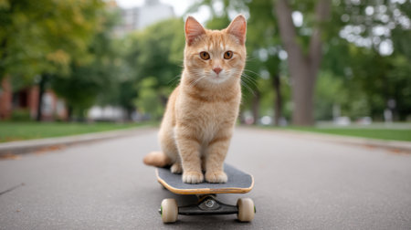 A delightful orange cat expertly balances on a skateboard in a sunny park, surrounded by lush greenery. This charming scene captures the playful spirit of pets enjoying outdoor activities.の素材