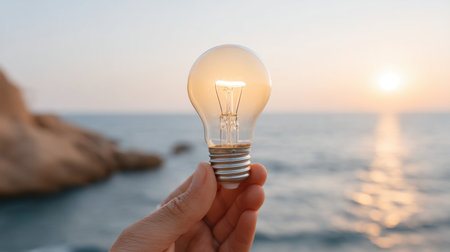 A gentle light bulb held against a breathtaking sunset over the sea and rocks, evoking feelings of tranquility and inspiration, perfect for creative or spa themes.の素材
