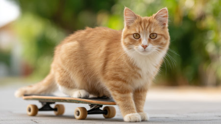 A charming orange cat skillfully balances on a skateboard in a sunny park, showcasing playful energy amidst vibrant greenery, perfect for pet lovers and nature enthusiasts.の素材
