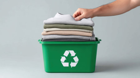 A hand carefully places mixed garments into a green recycling bin, symbolizing conscious actions towards sustainable living and responsible waste management practices.の素材