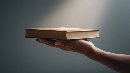 A captivating image featuring a book held in a hand, gently illuminated by soft overhead light, creating a tranquil and minimalistic atmosphere perfect for literary reflection.の素材