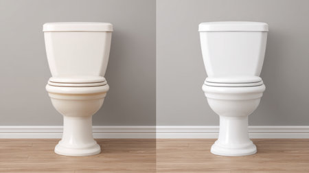 This image presents a side-by-side comparison of a stained toilet and a pristine toilet in a modern bathroom, emphasizing cleanliness and proper maintenance practices.の素材