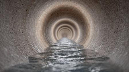A captivating perspective view of flowing wastewater inside a large concrete sewer pipe, illustrating the intricate design and engineering of urban drainage systems.の素材