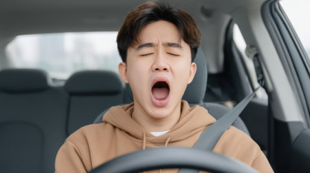 A young male driver yawns while sitting behind the wheel of his car, clearly showing signs of fatigue and tiredness during an urban journey.の素材